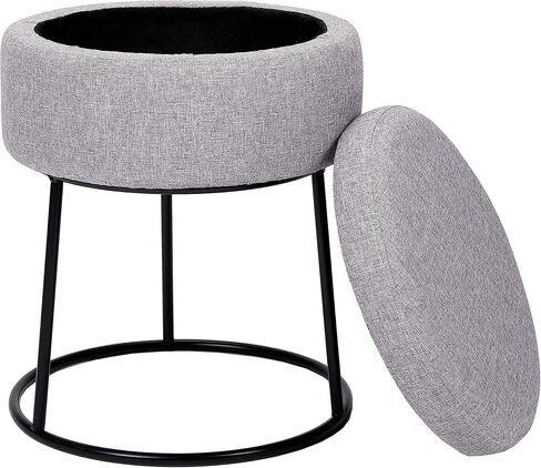 BIRDROCK HOME Grey Linen Storage Stool Ottoman w/Black Metal Leg Base, Soft Compact Padded Seat Footrest, Small Footstool for Living Room Seating, Office, Dorm, Vanity Chair, Bedroom, Couch, Desk in Kuwait