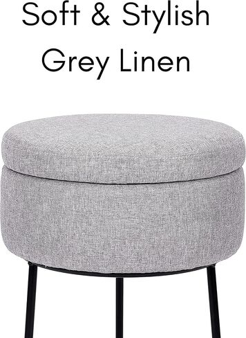 BIRDROCK HOME Grey Linen Storage Stool Ottoman w/Black Metal Leg Base, Soft Compact Padded Seat Footrest, Small Footstool for Living Room Seating, Office, Dorm, Vanity Chair, Bedroom, Couch, Desk in Kuwait