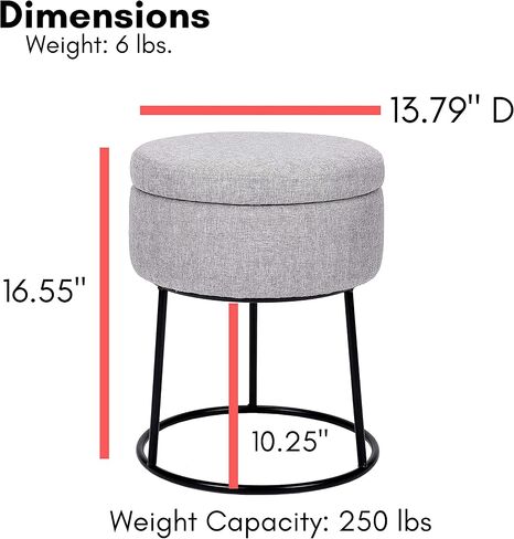 BIRDROCK HOME Grey Linen Storage Stool Ottoman w/Black Metal Leg Base, Soft Compact Padded Seat Footrest, Small Footstool for Living Room Seating, Office, Dorm, Vanity Chair, Bedroom, Couch, Desk in Kuwait