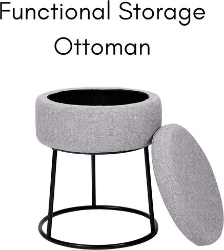 BIRDROCK HOME Grey Linen Storage Stool Ottoman w/Black Metal Leg Base, Soft Compact Padded Seat Footrest, Small Footstool for Living Room Seating, Office, Dorm, Vanity Chair, Bedroom, Couch, Desk in Kuwait