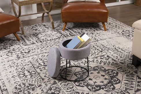 BIRDROCK HOME Grey Linen Storage Stool Ottoman w/Black Metal Leg Base, Soft Compact Padded Seat Footrest, Small Footstool for Living Room Seating, Office, Dorm, Vanity Chair, Bedroom, Couch, Desk in Kuwait