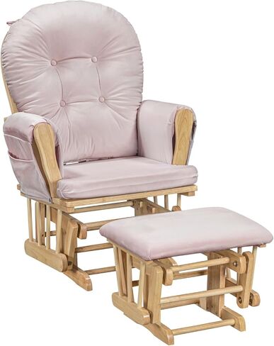 Suite Bebe Mason Nursery Rocking Chair with Ottoman, Wooden Glider for Baby Nursing, Smooth Gliding Rocker, Natural Wood Finish and Pink Fabric in Kuwait