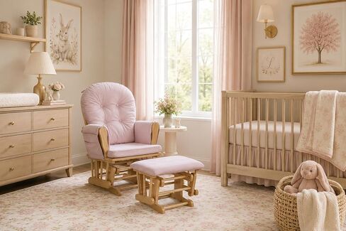 Suite Bebe Mason Nursery Rocking Chair with Ottoman, Wooden Glider for Baby Nursing, Smooth Gliding Rocker, Natural Wood Finish and Pink Fabric in Kuwait