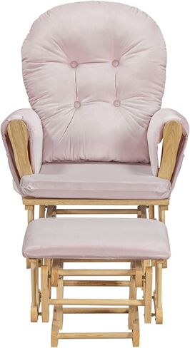 Suite Bebe Mason Nursery Rocking Chair with Ottoman, Wooden Glider for Baby Nursing, Smooth Gliding Rocker, Natural Wood Finish and Pink Fabric in Kuwait