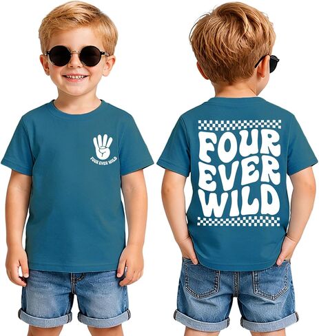 BOUTIKOME Four Ever Wild 4th Birthday Boy Shirt 4 Year Old Toddler Boys Birthday Outfits Kids Fourth B-Day Party Gift Tee Top in Kuwait