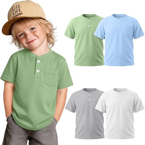 4 Pack Toddler Boys Henley Shirts | 18M-5T, Pocket, Henley, Short Sleeve, Infant, Buttons, Kids, Basic, Casual, Soft, Breathable, Lightweight, School, Daily Wear in Kuwait