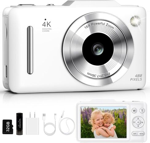 Digital Camera 4K for Kids-48MP Autofocus Vlogging Camera with 32GB Card, 16X Zoom, Anti-Shake, Compact Point and Shoot Camera for Teens Beginners, Birthday Gift Pink in Kuwait