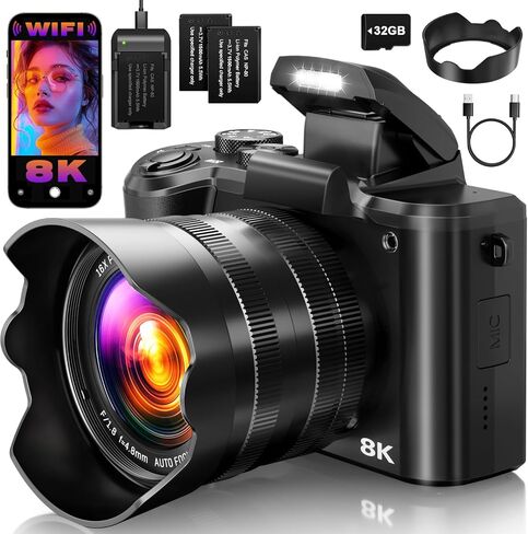 8K Digital Cameras for Photography, 2026 Autofocus 88MP WiFi Professional Photography Camera with Dual-Lens for YouTube, 16X Digital Zoom, TF Card, Lens Hood, Touch Screen,2 Batteries & Charging Stand in Kuwait