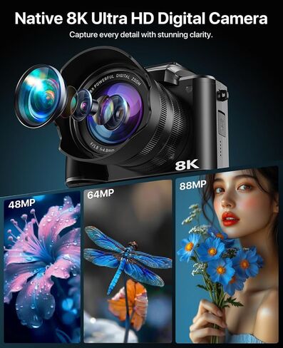 8K Digital Cameras for Photography, 2026 Autofocus 88MP WiFi Professional Photography Camera with Dual-Lens for YouTube, 16X Digital Zoom, TF Card, Lens Hood, Touch Screen,2 Batteries & Charging Stand in Kuwait