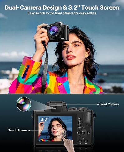 8K Digital Cameras for Photography, 2026 Autofocus 88MP WiFi Professional Photography Camera with Dual-Lens for YouTube, 16X Digital Zoom, TF Card, Lens Hood, Touch Screen,2 Batteries & Charging Stand in Kuwait