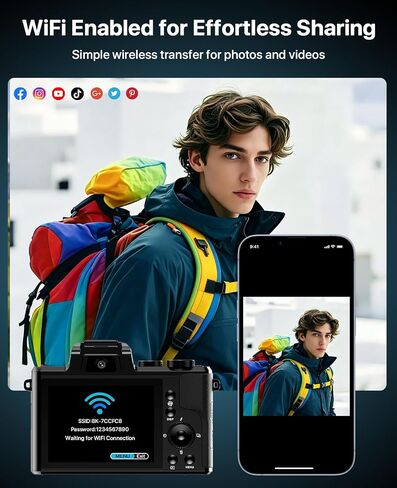 8K Digital Cameras for Photography, 2026 Autofocus 88MP WiFi Professional Photography Camera with Dual-Lens for YouTube, 16X Digital Zoom, TF Card, Lens Hood, Touch Screen,2 Batteries & Charging Stand in Kuwait
