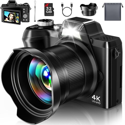 4K Digital Camera for Photography Travel, 56MP Autofocus Vlogging Camera for YouTube, 16X Zoom with 3" 180°Flip Screen & Lens Hood, 32GB Card, Gift Ideas for Teens & Beginners in Kuwait