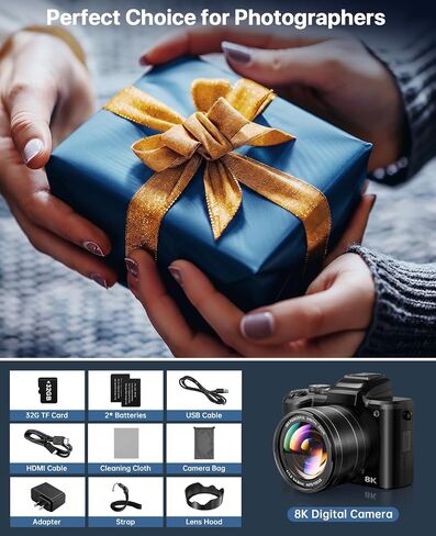8K Digital Cameras for Photography, 2026 Autofocus 88MP WiFi Professional Photography Camera with Dual-Lens for YouTube, 16X Digital Zoom, TF Card, Lens Hood, Touch Screen,2 Batteries & Charging Stand in Kuwait