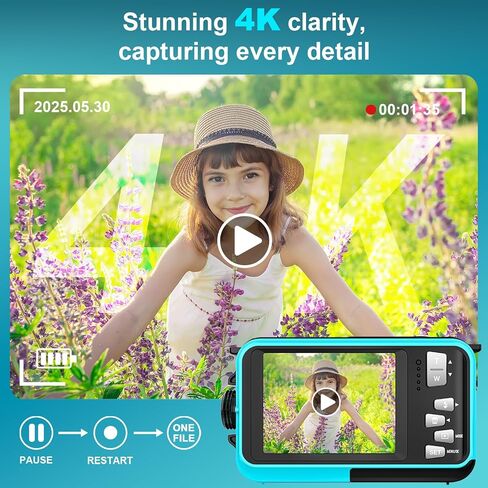 4K 64MP Underwater Camera 16FT Compact Digital Waterproof Camera Floatable | Dual-Screen Selfie, 1250mAh Battery,16X Digital Zoom,Autofocus,Fill Light, With 32GB Card, Snorkeling & Underwater Trips in Kuwait