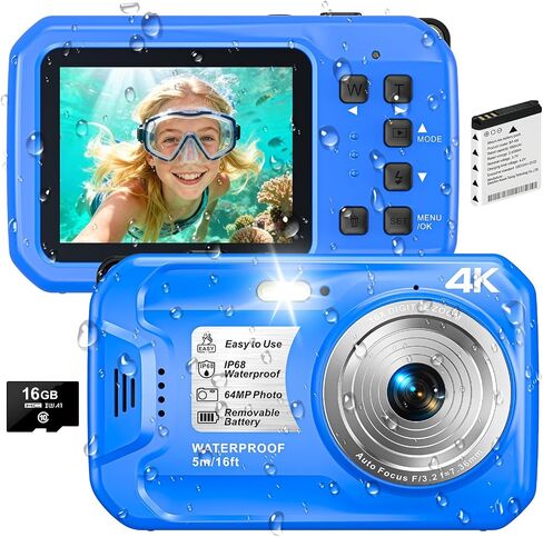 4K Underwater Camera, 64MP 16FT Compact Waterproof Camera with 16GB Card | Floatable Digital Camera, 16X Digital Zoom, Auto Focus, Fill Light, 650mAh Battery, Ideal for Travel, Surfing, Swimming in Kuwait