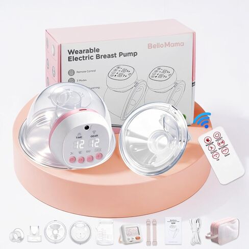 BelloMama Wearable Electric Breast Pump, Quiet, Hands-Free Portable, 3 Modes 12 Levels, Leak-Proof Anti-Backflow, 8oz Milk Collector, 1200mAh Battery, Pain-Free for Breastfeeding Moms, 2 Pack in Kuwait