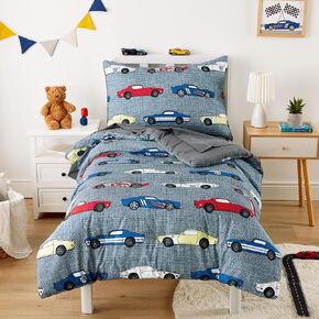 Wake In Cloud - Race Car Toddler Bedding Set for Boys, Cute Colorful Sports Car Supercar Wheels, 4 Pieces Soft Crib Bed Set Including Comforter, Sheets and Pillowcase, Gray in Kuwait