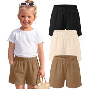 3 Pack Toddler Girls Linen Shorts | Baggy, Basic, Summer, Baby Kids Shorts, Pull On Pants, Elastic Waist, Pockets, Soft, Lightweight, School, Playwear in Saudi Arabia