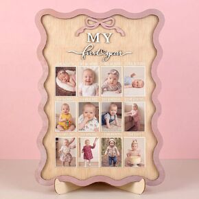 Pink Bow My First Year Photo Board Scalloped, One Year Birthday Wooden Picture Frame 12 Monthly Milestone Photo Frame 16.5 x 11.8 Baby 1st Birthday Decoration Gift for Baby Girls Keepsake Girls in Kuwait