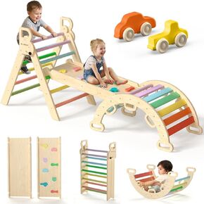 BlueWood Pikler Triangle Set with Safe Handle, Foldable 7-in-1 Montessori Toddler Climbing Toys Indoor, Wooden Pickler Climbing Set, Baby Jungle Gym & Playground, Climbing Toys for 1-3 Year, Colorful in Saudi Arabia