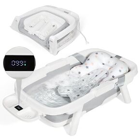 Orzbow Collapsible Baby Bathtub with Cushion & Thermometer, Large Size,Gray | Portable Travel Baby Bath Tub for for Newborn to Toddler 0-36 Months, 28x16.9 inches, Foldable for Space-Saving in Kuwait