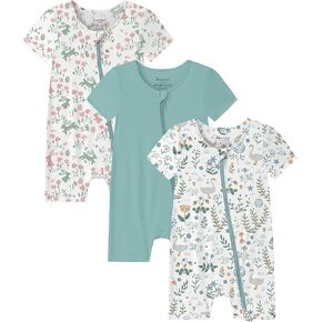 Jimonda Unisex Bamboo Baby Short Romper 3-Pack | Bamboo Rayon,2-Way Zipper Footless Pajamas,Short Sleeve,Baby Summer Pajamas,Silky Soft,Gentle on Skin,Stretchy,Lightweight in Kuwait