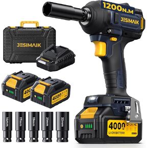 JESIMAIK Cordless Impact Wrench 1200N (900Ft-lbs) 1/2'' High Torque Impact Wrench with 2×4.0Ah Batteries, Impact Gun with 4impact modes & 5 Sockets & Case for Car, Truck, Mower in Kuwait