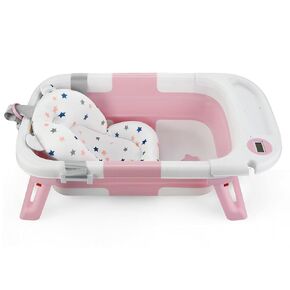 Baby Bathtub for Newborn Infant, Collapsible Baby Bathtub with Temperature Display & Soft Cushion, Infant to Toddler Bathtub, Portable Foldable Travel Bath Tub, 0-18 Months (Pink) in Kuwait