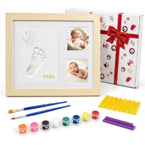 MICKYU Baby Hand and Footprint Kit, Clay Keepsake Frame | 8-Color Paints, Newborn Nursery Picture Frames, Personalized New Mom Gifts for Baby Shower & Registry, 9x11 in, Natural Wood in Kuwait