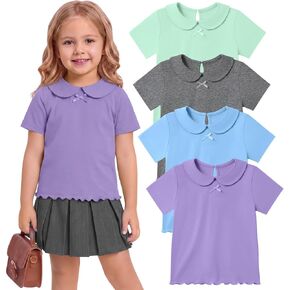 4 Pack Toddler Girls' Collar School Uniform Shirts Short Sleeve Bow Tops Lettuce Trim Color Tshirts Baby Kids Tees in Kuwait