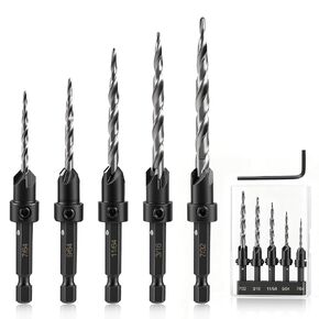 Countersink Drill Bit Set, 5PCS HSS Tapered Drill Bits for Woodworking | Adjustable 1/4" Hex Shank Quik Change Tapered Couter Sink Drill Bit for Wood Spare Bits (#4#6#8#10#12) in Saudi Arabia