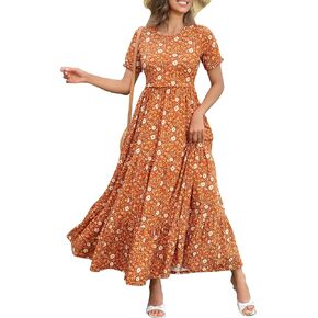 Women's Nursing Dresses Breastfeeding Cotton Short Sleeve Tiered Maxi Breastfeeding Dress with Pockets in Kuwait