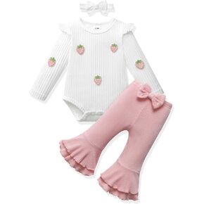 Vibebox Baby Girl Clothes Fall Winter Coming Home Outfits Preemie-12 Months | Newborn Preemie Girl Long Sleeve Ruffle Romper Tops Bell Bottom Pants, Infant Girls Fall Outfit Clothing Sets with Headband in Kuwait