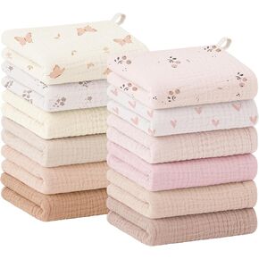 Bearmoss 12 Pack Baby Muslin Washcloths, 100% Cotton Soft Face Towels, 10"x10" Absorbent Bath Wash Cloths and Burp Cloths for Newborn Infants Kids Girls & Boys (Pink) in Kuwait