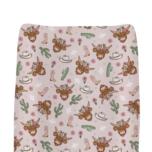 Pink Highland Cows Baby Changing Pad Covers for Girls Western Cowgirl Boots Hats Yak Cactus Floral Fitted Changing Table Mats Wild West Country Soft Nursery Diaper Change Table Sheets 32''×16'' in Kuwait