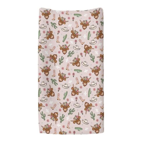 Pink Highland Cows Baby Changing Pad Covers for Girls Western Cowgirl Boots Hats Yak Cactus Floral Fitted Changing Table Mats Wild West Country Soft Nursery Diaper Change Table Sheets 32''×16'' in Kuwait