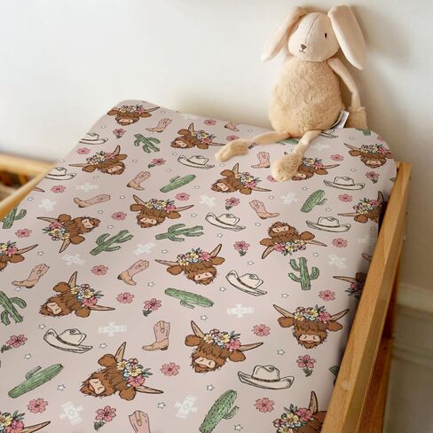 Pink Highland Cows Baby Changing Pad Covers for Girls Western Cowgirl Boots Hats Yak Cactus Floral Fitted Changing Table Mats Wild West Country Soft Nursery Diaper Change Table Sheets 32''×16'' in Kuwait