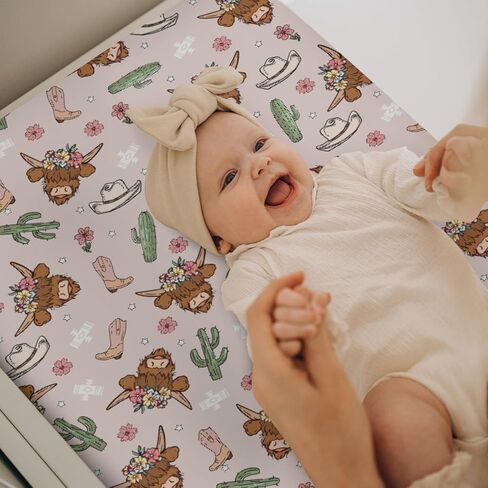 Pink Highland Cows Baby Changing Pad Covers for Girls Western Cowgirl Boots Hats Yak Cactus Floral Fitted Changing Table Mats Wild West Country Soft Nursery Diaper Change Table Sheets 32''×16'' in Kuwait