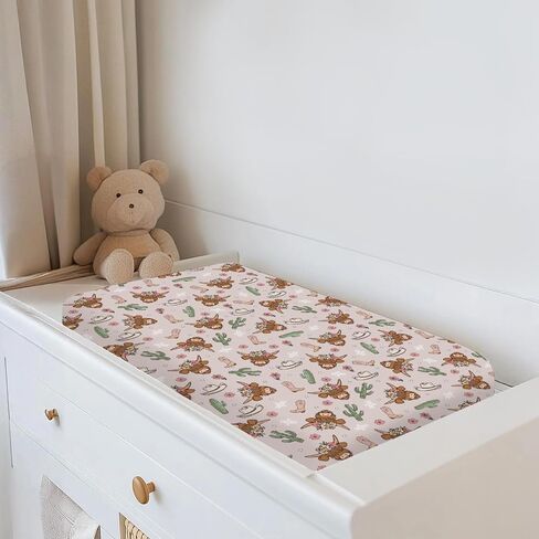 Pink Highland Cows Baby Changing Pad Covers for Girls Western Cowgirl Boots Hats Yak Cactus Floral Fitted Changing Table Mats Wild West Country Soft Nursery Diaper Change Table Sheets 32''×16'' in Kuwait