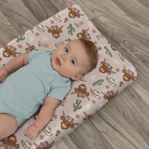 Pink Highland Cows Baby Changing Pad Covers for Girls Western Cowgirl Boots Hats Yak Cactus Floral Fitted Changing Table Mats Wild West Country Soft Nursery Diaper Change Table Sheets 32''×16'' in Kuwait