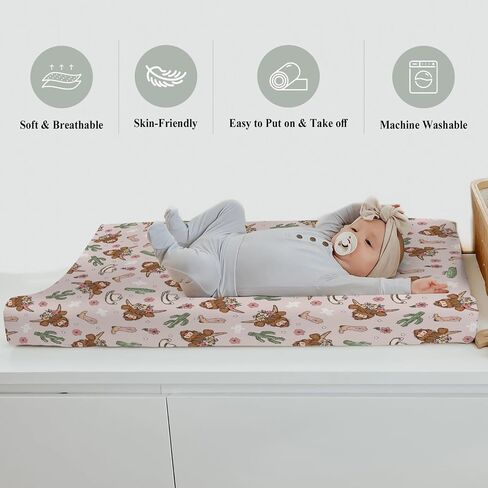 Pink Highland Cows Baby Changing Pad Covers for Girls Western Cowgirl Boots Hats Yak Cactus Floral Fitted Changing Table Mats Wild West Country Soft Nursery Diaper Change Table Sheets 32''×16'' in Kuwait
