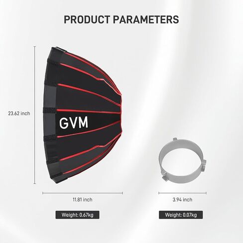 GVM 60cm (24") Parabolic Softbox, Quick-Setup with Honeycomb Grid, Compatible with 200B, 300B, 500B, 650B & Most Bowens Mount LED Lights for Portraits, Live Streaming & Content Creation in Kuwait