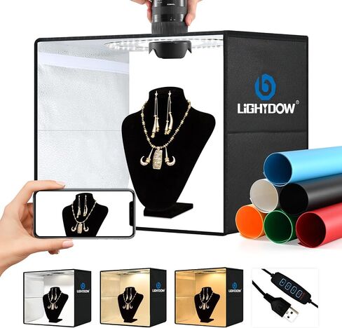 Lightdow 24"x24"x24" Photo Studio Light Box Photography with 300 LEDs(CRI>95) & Type-C Plug(35W)+Cable,6 Backdrops-Portable/Dimmable Folding Shooting Tents for Toys/Jewelry/Bonsai/Bags/Suitcases in Saudi Arabia