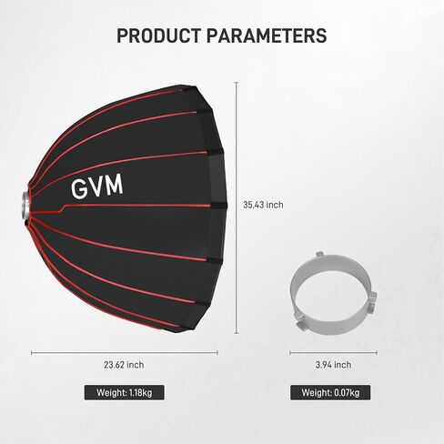 GVM 90cm (36") Parabolic Softbox, Quick-Setup with Honeycomb Grid, Compatible with 200B, 300B, 500B, 650B & Most Bowens Mount LED Lights for Portrait Photography, Video Production & Filmmaking in Kuwait