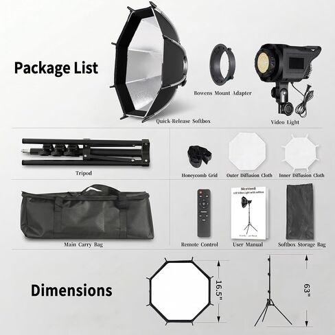 Niceveedi Softbox Lighting Kit, 2700-6500K LED Photography Lighting with 16.5" Quick-Release Softbox/Bowens Mount/Cooling System/Remote/Tripod, 90W Video Light for Video Recording/Streaming/Portraits in Kuwait
