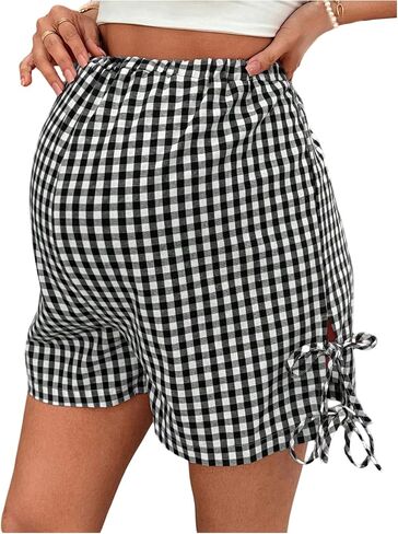 MakeMeChic Women's Maternity Shorts Plaid Elastic High Waist Summer Wide Leg Shorts in Kuwait