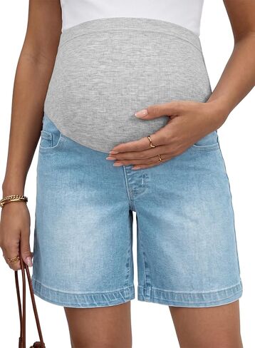 BLENCOT Maternity Denim Shorts Over Belly Pregnancy Jean Shorts | Summer Stretchy Comfy Lounge Workout Walking Jeans with Pockets, Belly Support Elastic Waistband in Kuwait
