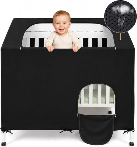 Crib Blackout Cover, Full Size, Ventilated Climb Protection | Breathable stretchy fabric, snug fit no sagging, dual-zipper top easy reach, side window for airflow, reduces most light in Kuwait