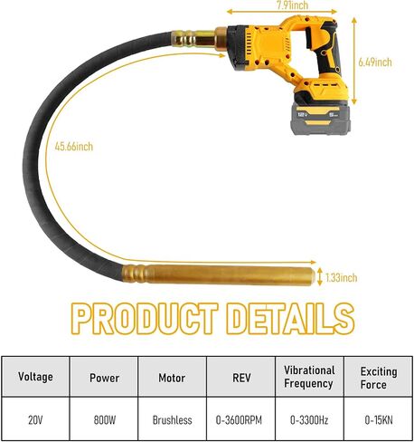 Handheld Concrete Vibrating Tool Compatible with Dewalt 20V Battery(No Battery), 800W Power Concrete Vibrator with 3.6FT Shaft, Portable Cement Vibrator for Remove Air Bubble in Kuwait