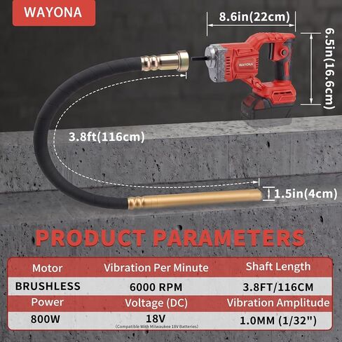 Cordless Concrete Vibrating Tool Compatible with Milwaukee 18V Battery (No Battery), 800W Power Concrete Vibrator with 3.8FT Shaft Rod, 6000RPM Portable Electric Concrete Vibrator Remove Air Bubble in Kuwait